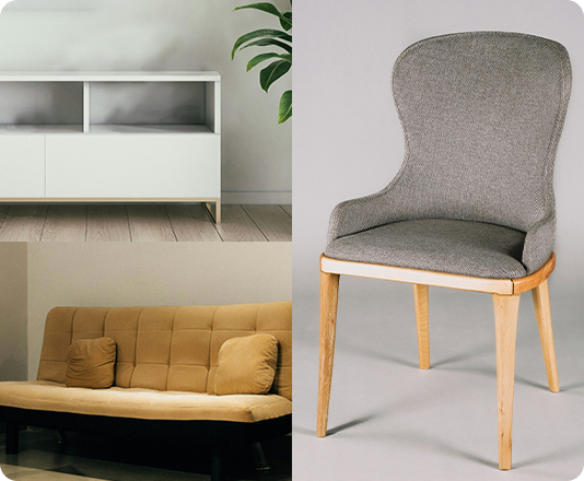 Collage of a couch, entertainment center, and dining chair, ready for junk removal.