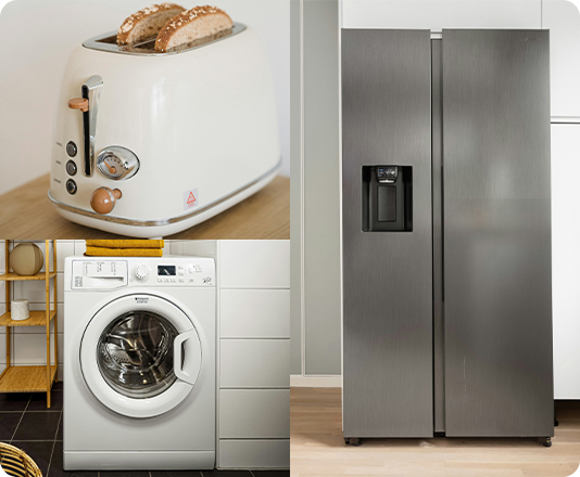 Collage of a toaster, washing machine, and refrigerator approved for junk removal with EasyGig.