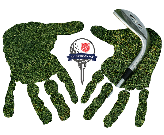 Kid hand prints outlining a golfing background with the Salvation Army Red Shield Classic logo that EasyGig is sponsoring.
