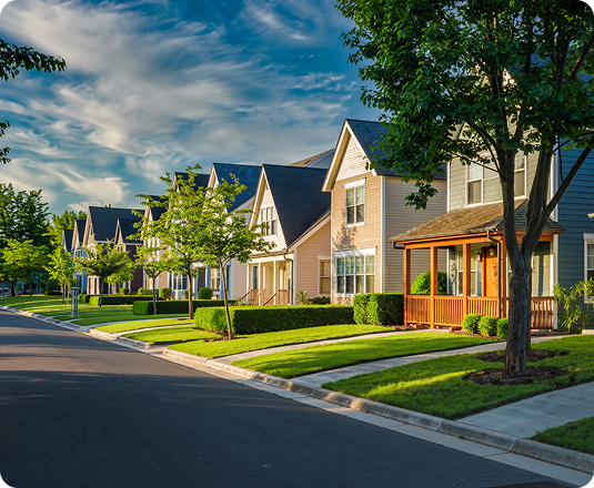 Residential neighborhood with single-family homes, representing home cleanout projects and the choice between junk removal and dumpster rental.