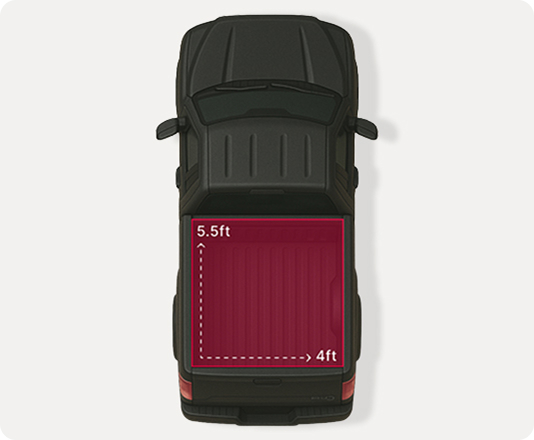 Aerial of a standard pickup truck with EasyGig Junk Removal's dimensions inside the truck bed.