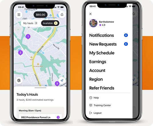 Mobile phone showing EasyGig Junk Removal's Hauler app with a Hauler dashboard and map.