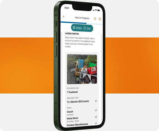 Mobile phone showing EasyGig Junk Removal's Hauler app with a Haul's details